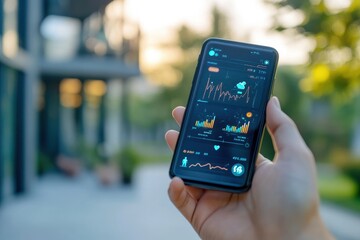 Fototapete - A person is holding a cell phone that displays a graph of a stock market