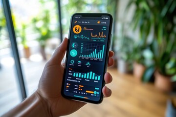 Fototapete - A person is holding a smart phone that displays a graph of their heart rate