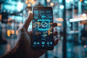 Poster - A person is holding a cell phone that is displaying a cityscape