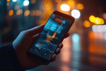 Poster - A person is holding a cell phone with a screen displaying a computer program