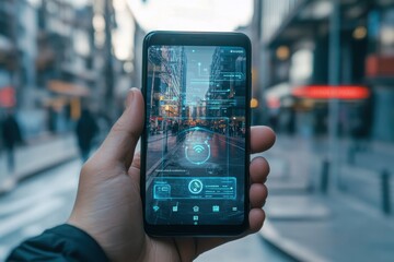 Poster - A person is holding a cell phone that is displaying a virtual city street