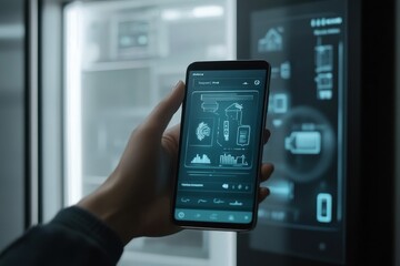 Poster - A person is holding a cell phone in front of a refrigerator