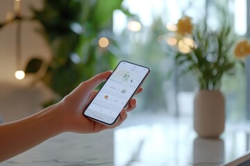 Poster - A person holding a cell phone with a flower vase in the background