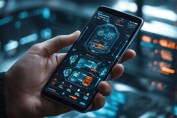 Poster - A person is holding a cell phone with a screen displaying a futuristic design