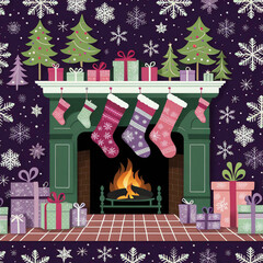 Wall Mural - a christmas card with a fireplace and presents around it.