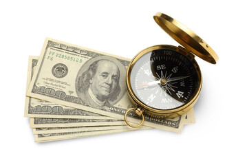 Wall Mural - Golden vintage compass and dollars