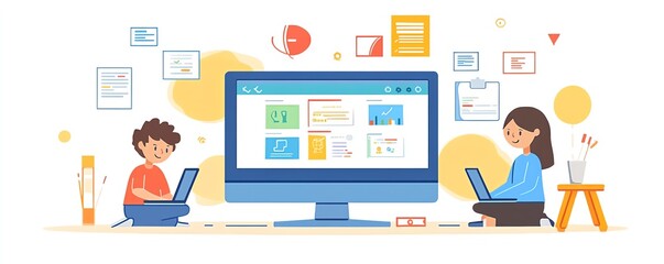 Poster - Children interacting with digital classroom content on laptops, emphasizing the transformation of learning through online courses and elearning for kids