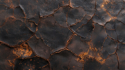 Aufkleber - Cracked earth texture with dark, rugged surface and orange highlights, top view. image captures intricate patterns and natural beauty of dried, cracked soil