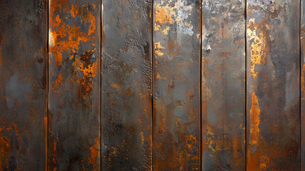Fototapete - Aged metal surface with rust and texture, showcasing vertical lines and distressed appearance. rich, earthy tones create rustic and industrial feel