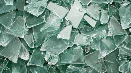 Fototapete - Shattered glass pieces in various shapes and sizes create textured surface. translucent shards reflect light, showcasing mix of sharp edges and smooth surfaces