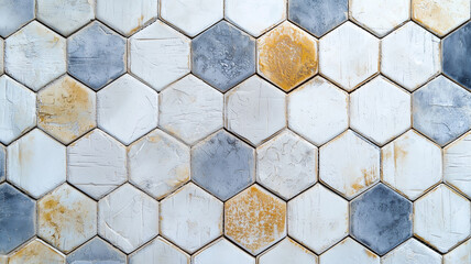 Aufkleber - Hexagon tile texture in mix of white, gray, and yellow tones, creating rustic and artistic pattern. top view highlights geometric arrangement and subtle color variations