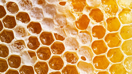 Poster - Honeycomb pattern with golden honey, showcasing natural texture and vibrant colors. close up view highlights intricate hexagonal shapes filled with rich, translucent honey