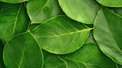 Fototapete - vibrant collection of green leaves with intricate vein patterns, viewed from above, creating natural and refreshing texture. lush foliage evokes sense of tranquility and freshness