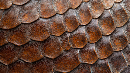 Poster - Close up of textured brown lizard skin with overlapping scales, showcasing intricate patterns and natural hues. detailed surface highlights unique reptilian texture and organic design