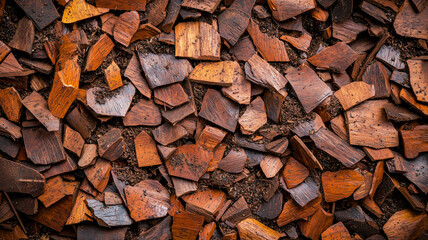 Poster - top view of rich brown mulch texture, showcasing variety of wood chips in different sizes and shapes, perfect for gardening and landscaping projects