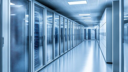 Fototapete - Futuristic Data Center with Rows of Modern Servers in Sleek High Tech Environment : Generative AI