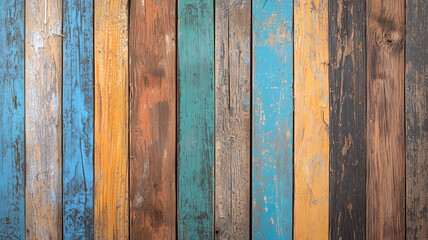 Aufkleber - Colorful weathered wooden planks with peeling paint create rustic and textured background. vibrant mix of blue, orange, and brown tones adds vintage charm to surface