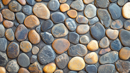 Poster - Smooth, multicolored pebble stones create natural, textured surface. stones vary in shades of brown, gray, and black, offering harmonious and earthy aesthetic