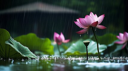Poster - Serene Lotus Flowers in Tranquil Rain on a Peaceful Pond Landscape : Generative AI