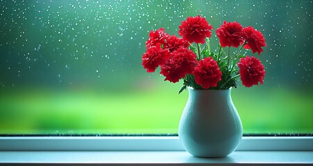 Poster - Vibrant Red Flowers in White Vase on Rainy Day Viewed Through Window with Droplets : Generative AI