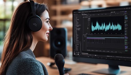 Poster - Woman with headphones editing podcast audio on computer screen : Generative AI