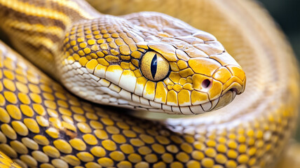 Poster - Golden snake with intricate scale pattern and piercing eyes, coiled in close up view. detailed texture of snake skin is highlighted, showcasing its natural beauty and elegance