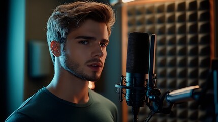 Aufkleber - Male Vocalist Singing in Professional Recording Studio with Acoustic Panels and Microphone : Generative AI