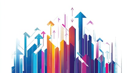 Poster - Abstract cityscape with vibrant upward trending arrows symbolizing growth and progress.