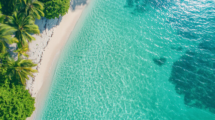 Poster - Aerial view of tropical beach with clear turquoise water and lush green palm trees, creating serene and inviting atmosphere