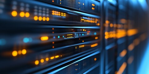 Fototapete - Modern Data Center with Blue and Orange LED Lights on Server Racks in Motion Blur : Generative AI