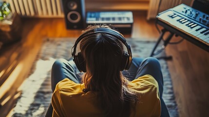 Poster - Person Listening to Music Wearing Headphones in Cozy Home Studio Setup : Generative AI