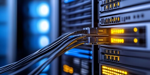 Fototapete - High Tech Data Center Server Rack with Network Cables and LED Indicators : Generative AI