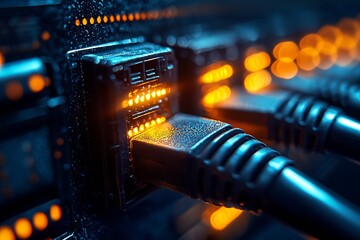 Poster - Closeup of Ethernet Cables Plugged into Data Server with Glowing Lights in Technology Environment : Generative AI