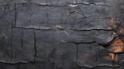 Poster - close up view of charred wood texture with deep cracks and dark, burnt surface, showcasing natural patterns and rugged details