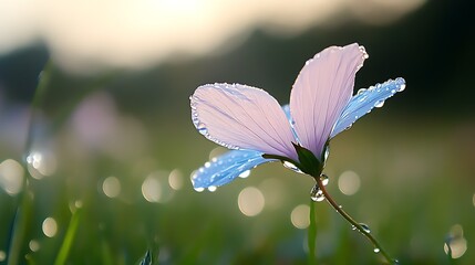 Poster - Closeup of pink flower with dewdrops in serene grassy morning setting : Generative AI