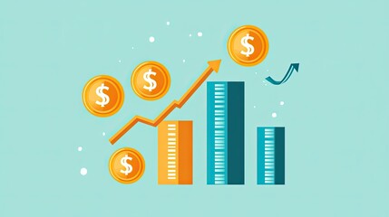 Poster - Upward trending financial growth shown with rising bar graph and gold coins.