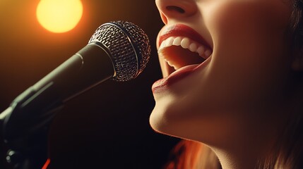 Poster - Close Up of a Woman Singing Passionately on Stage with Microphone Against Warm Lighting : Generative AI