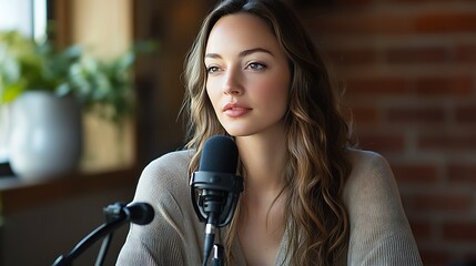 Poster - Focused Woman Podcaster in Cozy Studio Environment Sharing Engaging Content : Generative AI