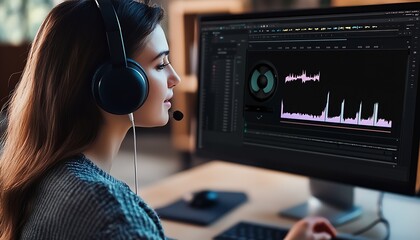 Poster - Young professional analyzing sound patterns for media project : Generative AI