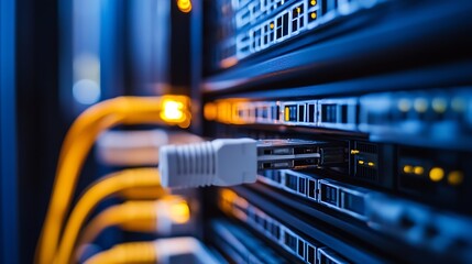 Fototapete - Close-up View of Network Server Cables and Racks in a Modern Data Center : Generative AI