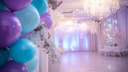Fototapete - Purple and blue balloons in a minimalist wedding room with white floral details generative ai