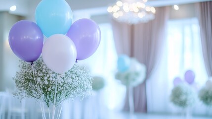 Wall Mural - Purple and blue balloons in a minimalist wedding room with white floral details generative ai