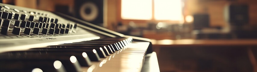 Poster - Close-up of an analog synthesizer keyboard in warm ambient studio lighting : Generative AI