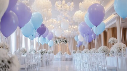 Fototapete - Purple and blue balloons in a minimalist wedding room with white floral details generative ai
