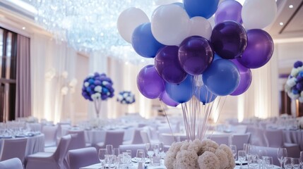 Fototapete - Purple and blue balloons in a minimalist wedding room with white floral details generative ai