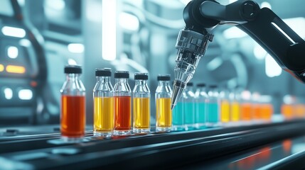 Poster - Robotic arm handling colorful vials in pharmaceutical laboratory