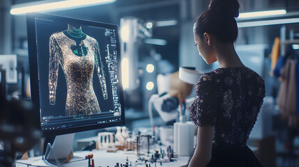 A fashion designer using AI to visualize patterns and fabric textures on a digital mannequin, AI fashion design, digital fashion innovation