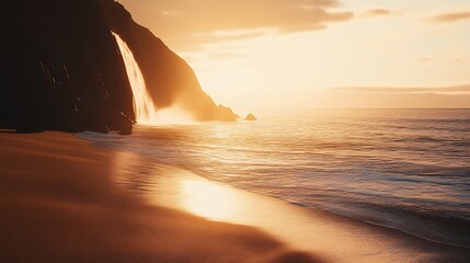 Poster - Serene Coastal Sunset Over Waterfall Cascade and Gentle Waves : Generative AI