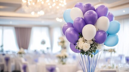 Fototapete - Purple and blue balloons in a minimalist wedding room with white floral details generative ai