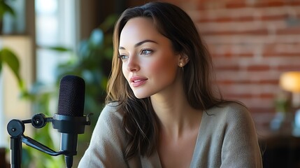 Poster - Beautiful woman podcasting in cozy room with natural light and brick wall background : Generative AI